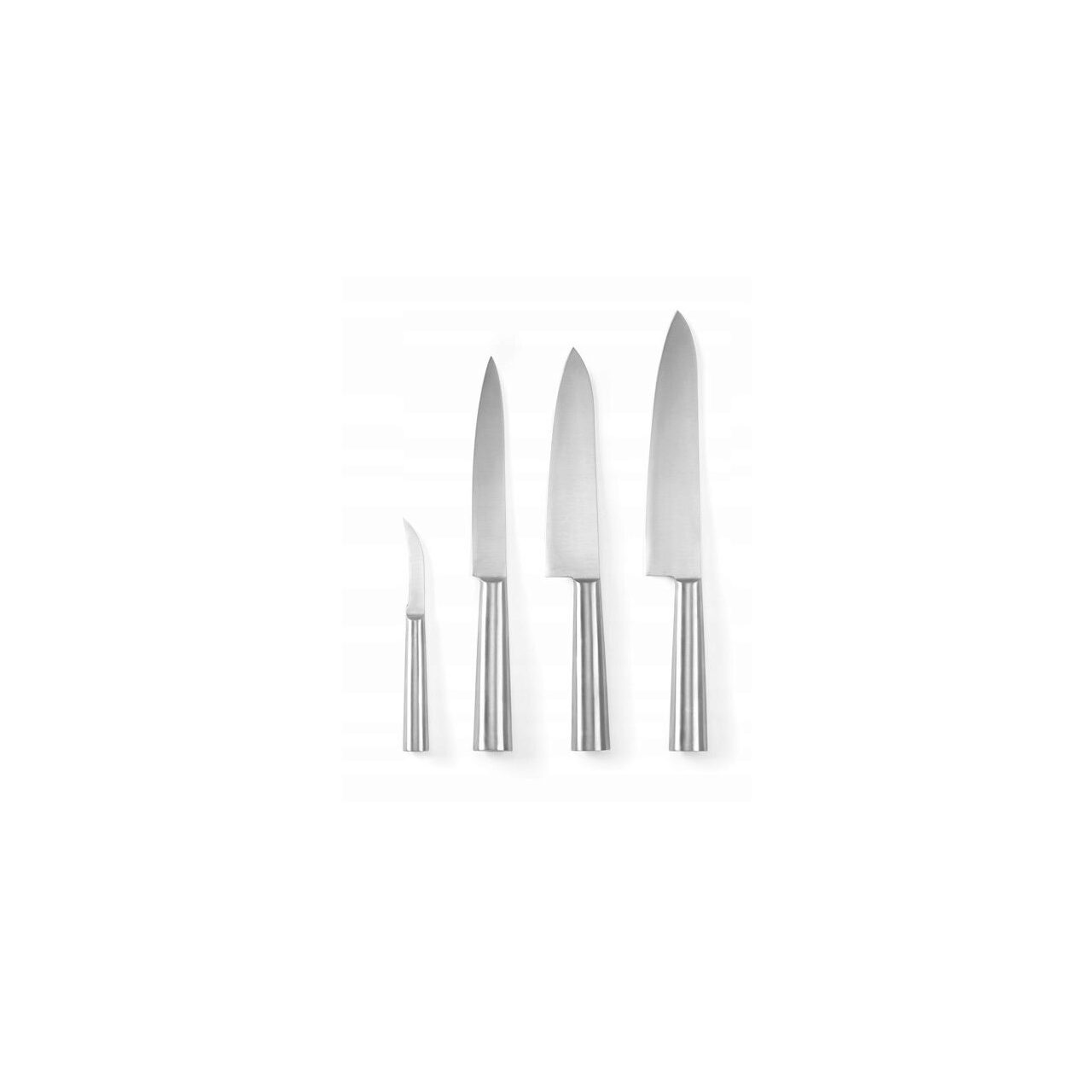 Set 4 cutite profesionale din inox, Hendi, cutite inluse: bucatarului 37 cm si 33 cm, sunca 33 cm, decojire 19 cm